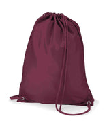 The Quadra Gymsac by Quadra is a burgundy drawstring backpack with reinforced corners and matching cords, made of smooth fabric, standing upright on a white background.
