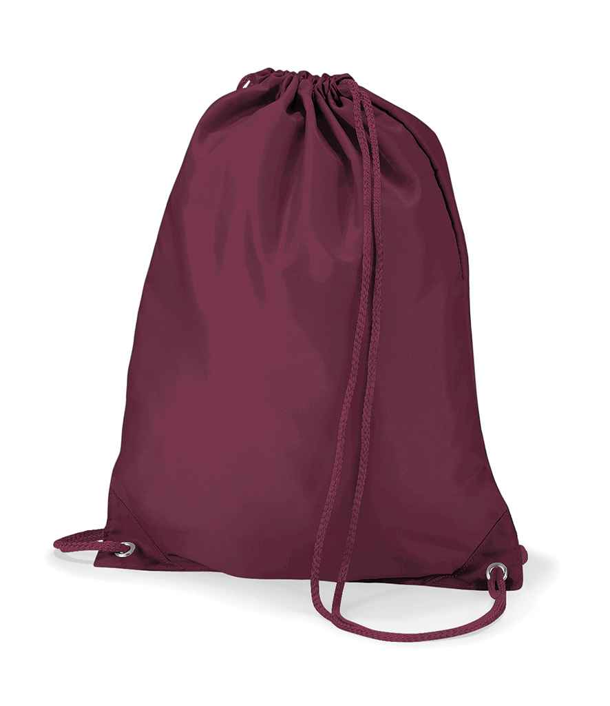 The Quadra Gymsac by Quadra is a burgundy drawstring backpack with reinforced corners and matching cords, made of smooth fabric, standing upright on a white background.