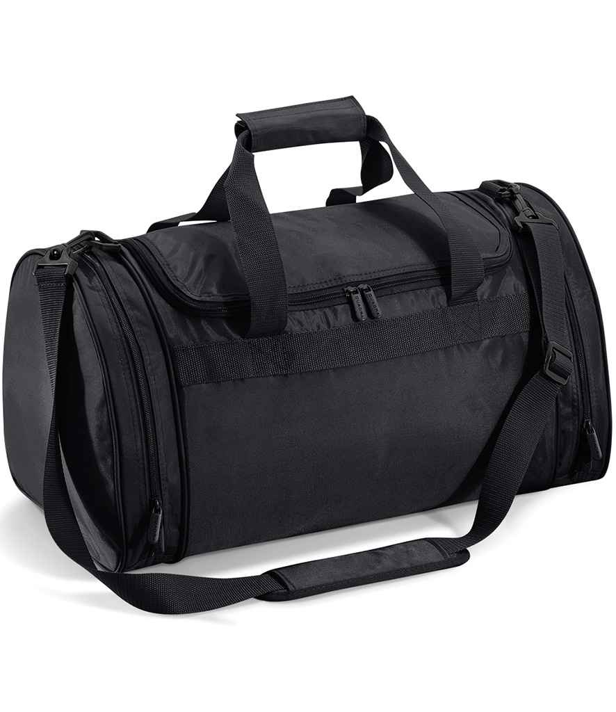 The Quadra Sports Holdall by Quadra is a black duffel bag with a zippered main compartment, side pockets, double handles with padded grip, and an adjustable shoulder strap, shown on a white background.