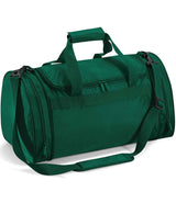 The Quadra Sports Holdall by Quadra is a green 32L duffel bag with a zippered main compartment, two side pockets, padded Velcro hand grips, and an adjustable shoulder strap with padding.