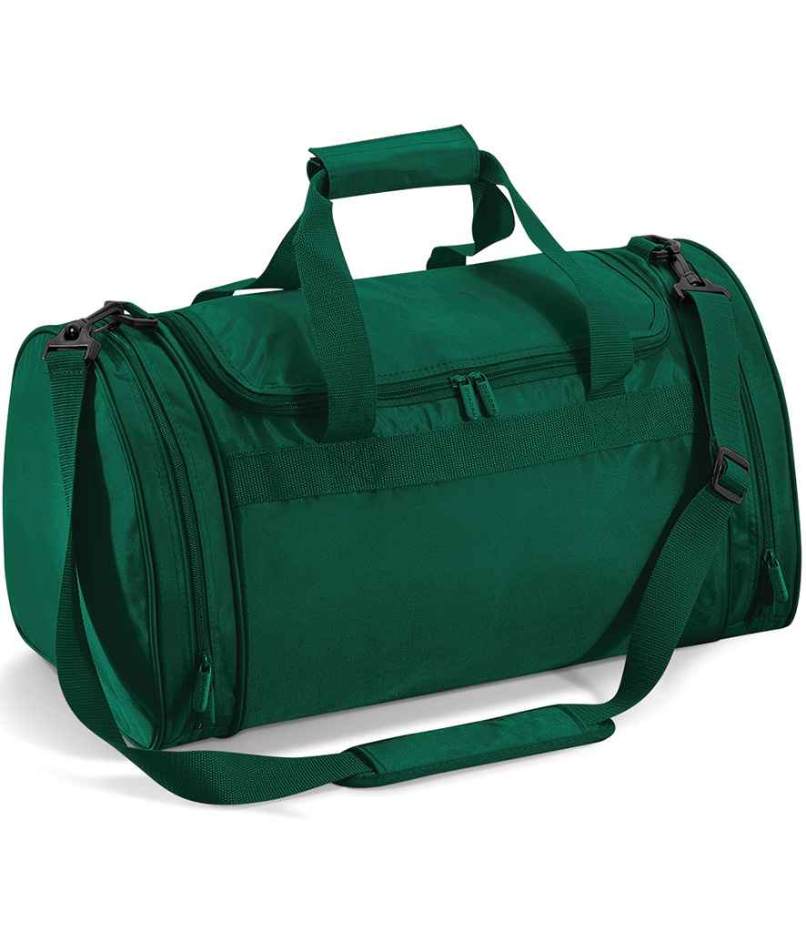 The Quadra Sports Holdall by Quadra is a green 32L duffel bag with a zippered main compartment, two side pockets, padded Velcro hand grips, and an adjustable shoulder strap with padding.