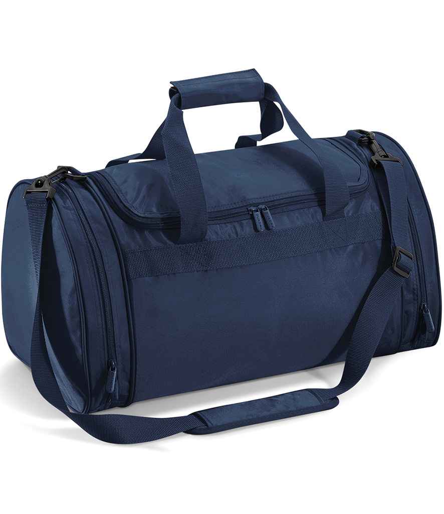 The Quadra Sports Holdall by Quadra is a navy blue duffel bag featuring a 32L capacity, zippered main compartment, side pockets, two handles with padded grip, and an adjustable shoulder strap with padding.