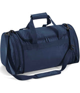 The Quadra Sports Holdall by Quadra is a navy blue duffel bag featuring a 32L capacity, zippered main compartment, side pockets, two handles with padded grip, and an adjustable shoulder strap with padding.