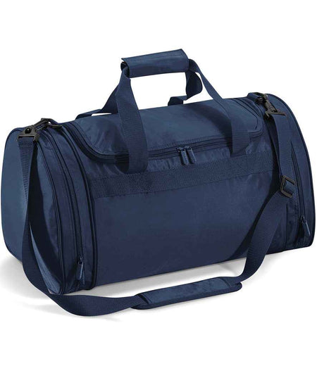 The Quadra Sports Holdall by Quadra is a navy blue duffel bag featuring a 32L capacity, zippered main compartment, side pockets, two handles with padded grip, and an adjustable shoulder strap with padding.
