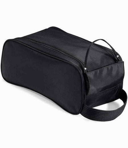 The Quadra Teamwear Shoe Bag by Quadra is a black rectangular bag with a zip closure and a webbing carry handle at one end, shown against a white background.