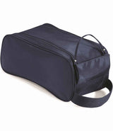 The Quadra Teamwear Shoe Bag by Quadra comes in French Navy, featuring a rectangular shape, top zipper, sturdy webbing carry handle at one end, and a longer shoulder strap on the side.