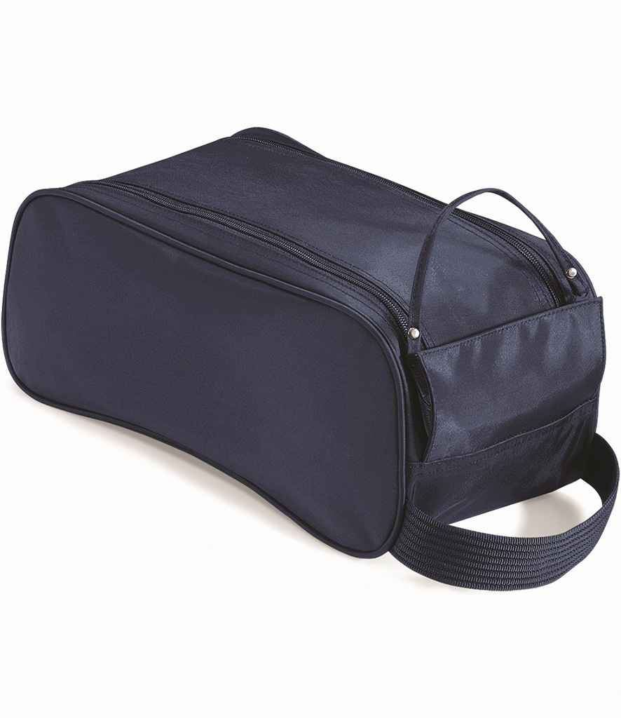The Quadra Teamwear Shoe Bag by Quadra comes in French Navy, featuring a rectangular shape, top zipper, sturdy webbing carry handle at one end, and a longer shoulder strap on the side.