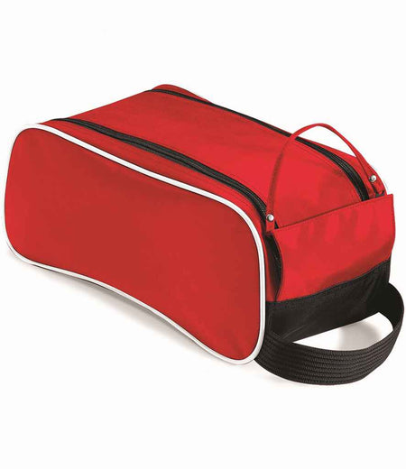 The Quadra Teamwear Shoe Bag by Quadra in red, black, and white features a zip closure, two small webbing handles, a black shoulder strap, and holds 9 litres. Shown against a white background.