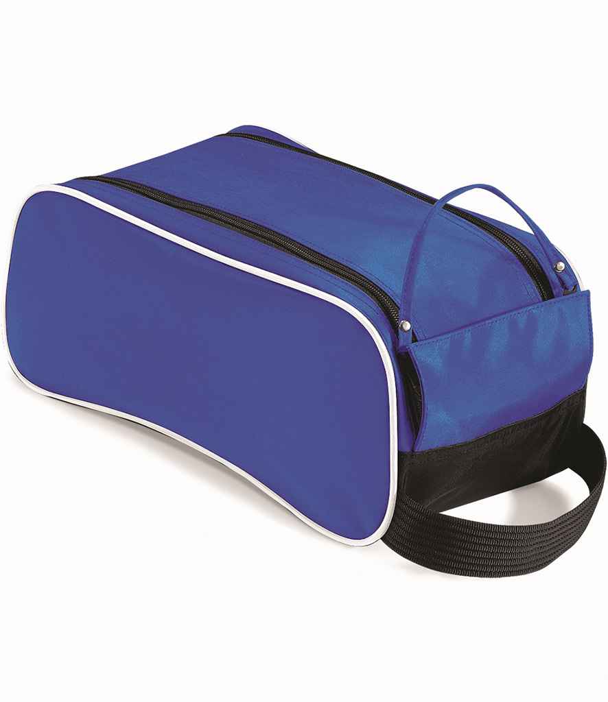 The Quadra Teamwear Shoe Bag by Quadra features a royal blue/black/white design, rectangular shape, white piping, side handle, top zipper closure, and sturdy webbing carry handle.