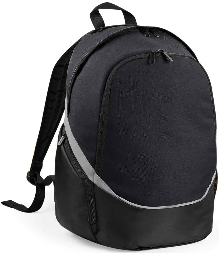 The Quadra Pro Team Backpack by Quadra, in Black/Grey, features a 17-litre capacity, curved grey stripe, two main zippered compartments, padded shoulder straps, and a top handle; shown on a plain white background.