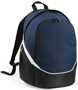 The Quadra Pro Team Backpack by Quadra comes in French Navy/Black/White, features 17L capacity, two zippered compartments, a wet pocket, top handle, and padded shoulder straps.