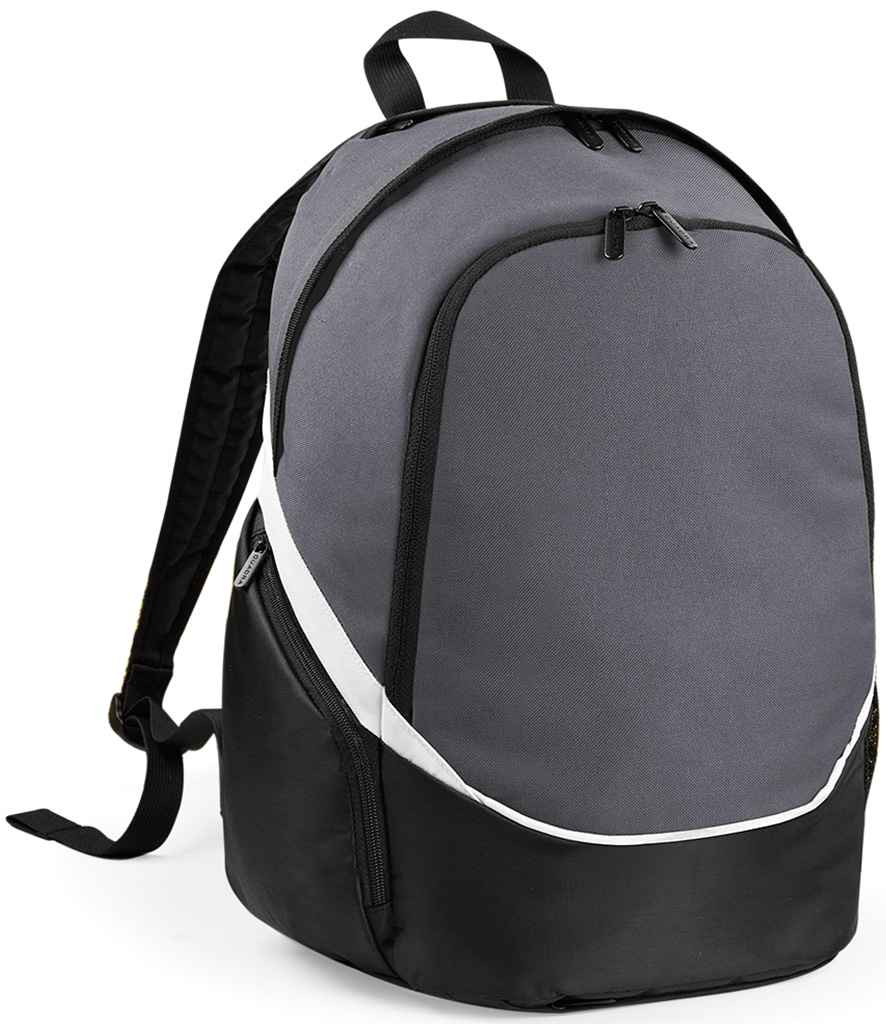 The Quadra Pro Team Backpack by Quadra, in Graphite Grey/Black/White, features a 17L capacity, front zipper pocket, white diagonal accent stripe, wet pocket, and padded shoulder straps. It stands upright against a white background.