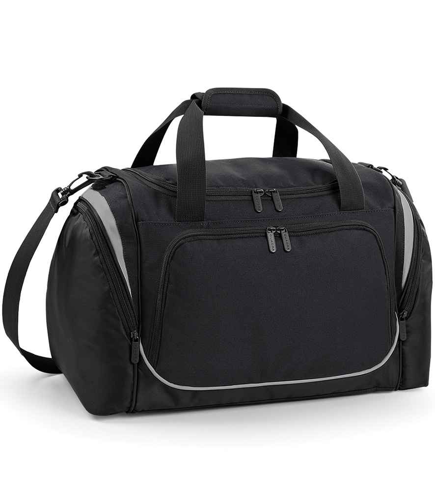 The Quadra Pro Team Locker Bag by Quadra in Black/Light Grey features a large front zip pocket, two top handles, adjustable shoulder strap, side compartments, a shoe tunnel, and a modern design with subtle light grey trim.