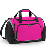 The Quadra Pro Team Locker Bag by Quadra features a fuchsia front and top, black sides and base, dual black handles, detachable shoulder strap, large front zippered pocket with light grey trim, and a handy shoe tunnel.