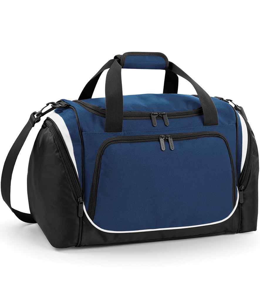 The Quadra Pro Team Locker Bag by Quadra in French Navy/White features a large front zip pocket, two top handles with padded grip, an adjustable shoulder strap, and white piping accents—ideal for keeping gym essentials organized.