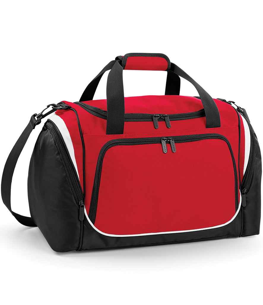 The Quadra Pro Team Locker Bag by Quadra comes in red, black, and white with black handles, a shoulder strap, large front zippered pocket, side compartments, and a shoe tunnel for organization.