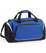 The Quadra Pro Team Locker Bag by Quadra features royal blue/black/white colors, two short handles, a shoulder strap, zippered side pockets, a shoe tunnel, and white trim accents.
