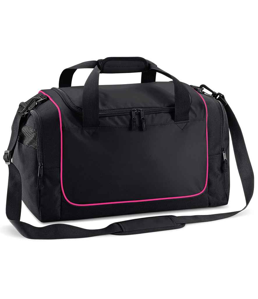 The Quadra Teamwear Locker Bag by Quadra features black/fuchsia colors, black handles, an adjustable shoulder strap, zippered end compartments, pink piping on the front pocket, and a spacious 30L capacity for your essentials.