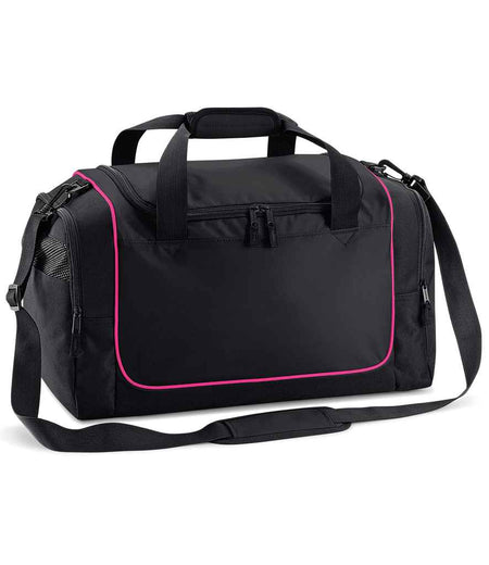 The Quadra Teamwear Locker Bag by Quadra features black/fuchsia colors, black handles, an adjustable shoulder strap, zippered end compartments, pink piping on the front pocket, and a spacious 30L capacity for your essentials.