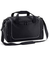 The Quadra Teamwear Locker Bag by Quadra in Black/Light Grey features a zippered front pocket, mesh and zip side pockets, two short handles with padded grip, an adjustable shoulder strap, and a spacious 30L capacity.