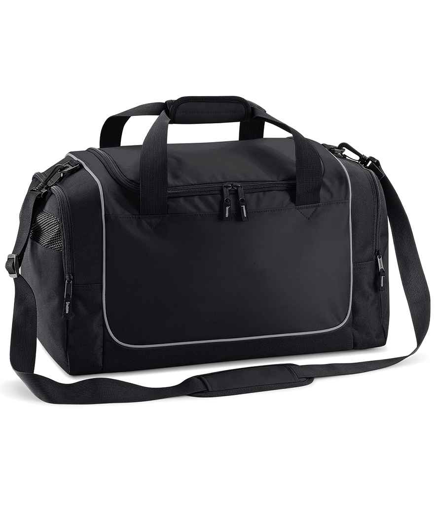 The Quadra Teamwear Locker Bag by Quadra in Black/Light Grey features a zippered front pocket, mesh and zip side pockets, two short handles with padded grip, an adjustable shoulder strap, and a spacious 30L capacity.
