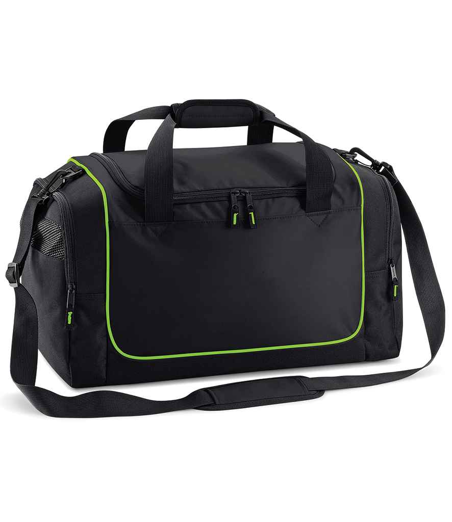 The Quadra Teamwear Locker Bag by Quadra is a black/lime green 30L gym bag with multiple zippered compartments, mesh side pocket, two short handles, an adjustable shoulder strap, and stylish green accents.