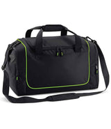 The Quadra Teamwear Locker Bag by Quadra is a black/lime green 30L gym bag with multiple zippered compartments, mesh side pocket, two short handles, an adjustable shoulder strap, and stylish green accents.