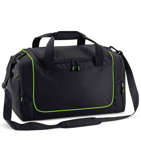 The Quadra Teamwear Locker Bag by Quadra is a black/lime green 30L gym bag with multiple zippered compartments, mesh side pocket, two short handles, an adjustable shoulder strap, and stylish green accents.