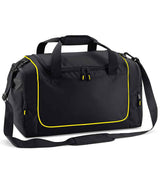 The Quadra Teamwear Locker Bag by Quadra comes in Black/Yellow, with a 30L capacity, front zip pocket, side mesh pocket, padded handle grip, and adjustable shoulder strap.