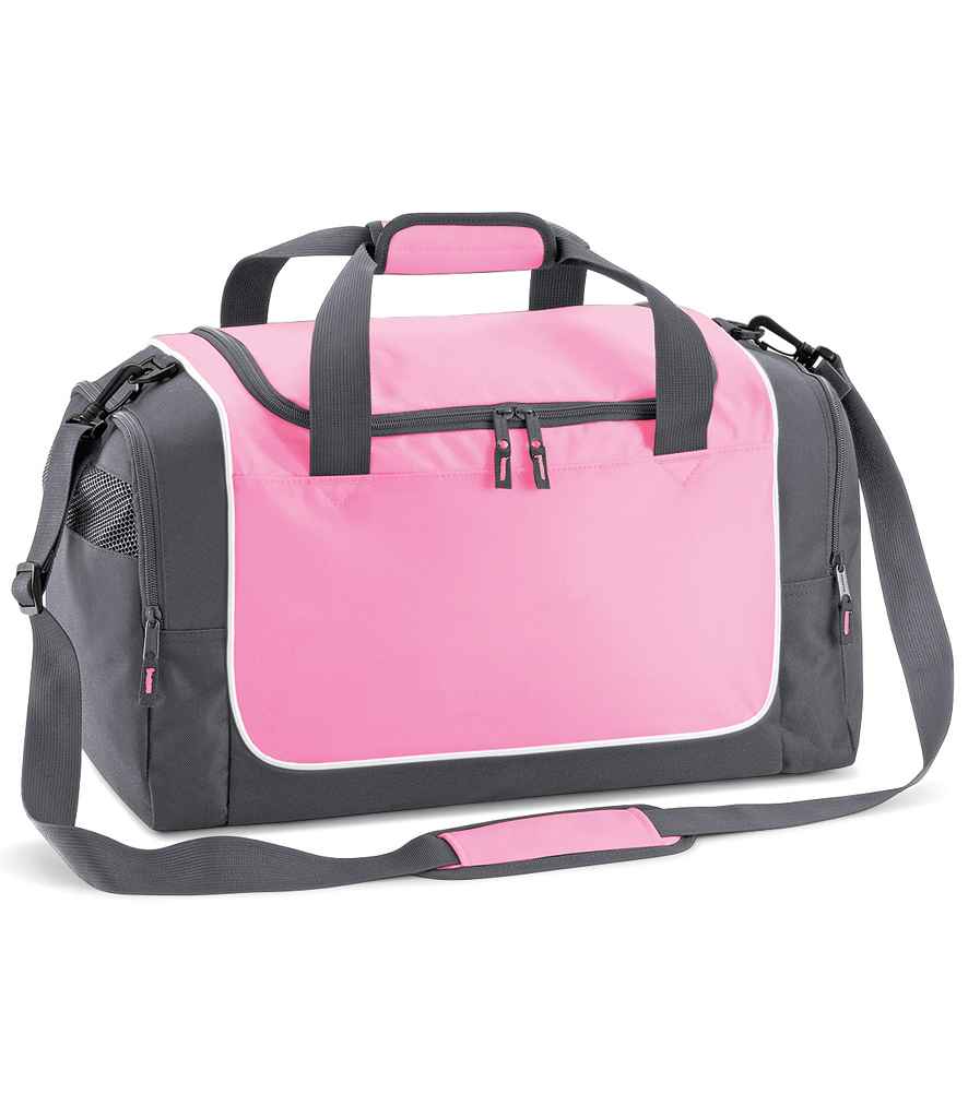 The Quadra Teamwear Locker Bag by Quadra comes in Classic Pink/Graphite Grey, features a zippered front pocket, black handles, adjustable shoulder strap, mesh side pockets, and a spacious 30L capacity.