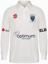 The Gray Nicolls Quedgeley & Hardwicke CC Long Sleeve Matrix V2 Playing Shirt is a white, moisture-wicking cricket shirt with the club logo, sponsor logos, and a buttoned collar—ideal for comfortable performance on the field.