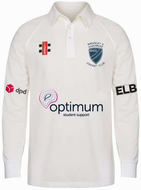 The Gray Nicolls Quedgeley & Hardwicke CC Long Sleeve Matrix V2 Playing Shirt is a white, moisture-wicking cricket shirt with the club logo, sponsor logos, and a buttoned collar—ideal for comfortable performance on the field.