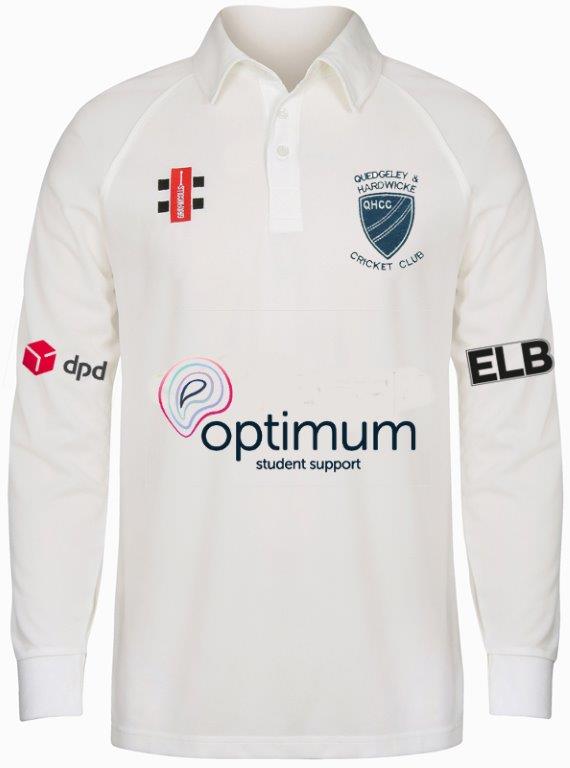 The Gray Nicolls Quedgeley & Hardwicke CC Long Sleeve Matrix V2 Playing Shirt is a white, moisture-wicking cricket shirt with the club logo, sponsor logos, and a buttoned collar—ideal for comfortable performance on the field.