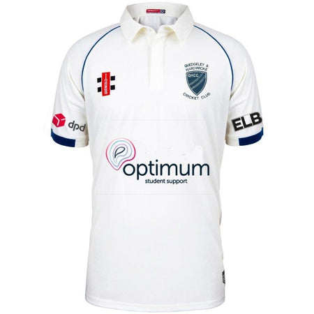 A white Gray Nicolls Quedgeley & Hardwicke CC Matrix V2 short sleeve match shirt featuring multiple logos, including Optimum student support on the front and a blue Quedgeley & Hardwicke Cricket Club crest on the left chest.