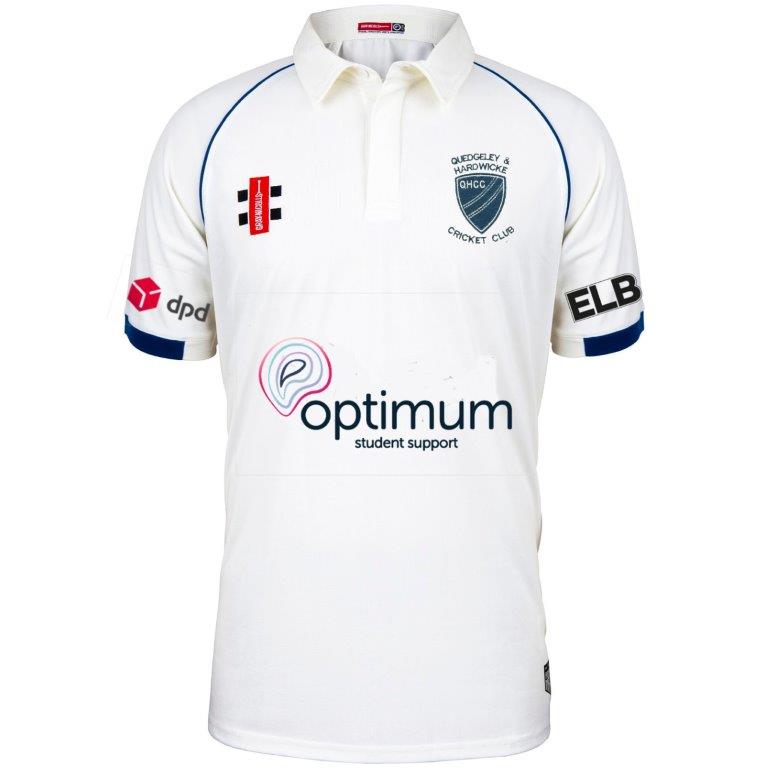A white Gray Nicolls Quedgeley & Hardwicke CC Matrix V2 short sleeve match shirt featuring multiple logos, including Optimum student support on the front and a blue Quedgeley & Hardwicke Cricket Club crest on the left chest.