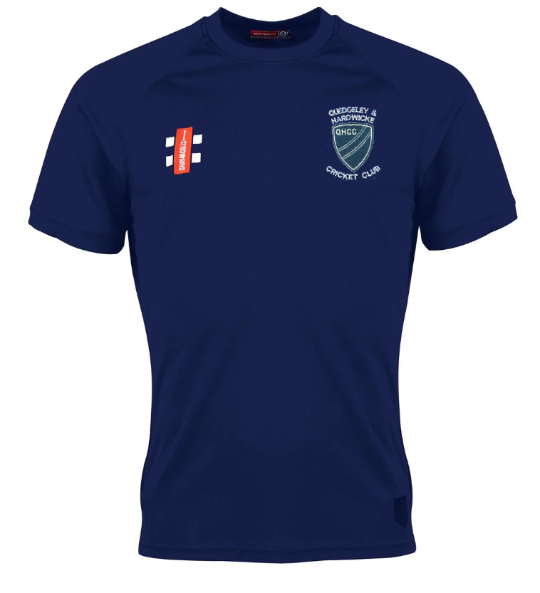 The Quedgeley & Hardwicke CC Matrix V2 T-Shirt by Gray Nicolls is a navy cricket shirt featuring a white club crest on the left chest, a white and red logo on the right, and moisture-wicking fabric ideal for active training.