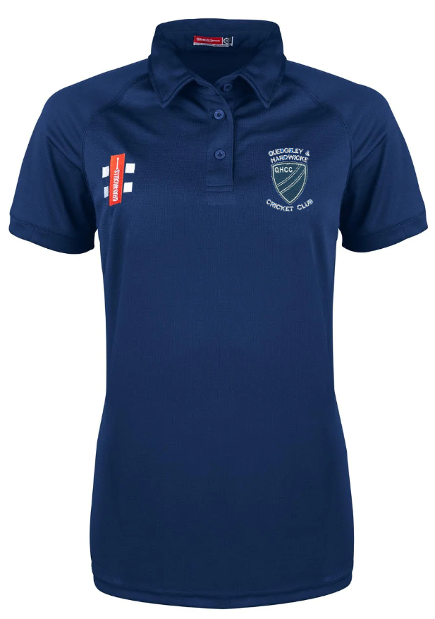 Navy Matrix V2 Ladies Polo Shirt by Gray Nicolls for Quedgeley & Hardwicke CC, featuring a collar, button placket, club crest and logos on the chest, plus advanced moisture management for comfort.