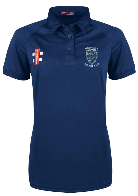 Navy Matrix V2 Ladies Polo Shirt by Gray Nicolls for Quedgeley & Hardwicke CC, featuring a collar, button placket, club crest and logos on the chest, plus advanced moisture management for comfort.