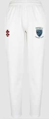 The Gray Nicolls Quedgeley & Hardwicke CC Ladies Matrix V2 Cricket Trousers feature an elastic waistband, a blue club logo on the right thigh, and a red patch with black and white detail on the left thigh.