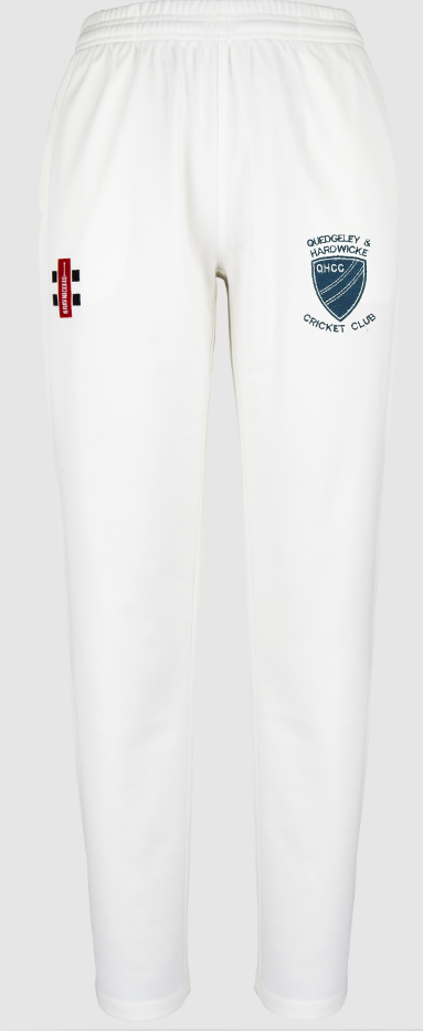 The Gray Nicolls Quedgeley & Hardwicke CC Ladies Matrix V2 Cricket Trousers feature an elastic waistband, a blue club logo on the right thigh, and a red patch with black and white detail on the left thigh.