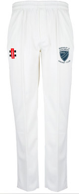 The Gray Nicolls Quedgeley & Hardwicke CC Matrix V2 Cricket Trousers are white, tapered-fit with an elastic waistband, red/black branding on the right thigh, and a blue OXHCC logo on the left. Designed for comfort and moisture control.