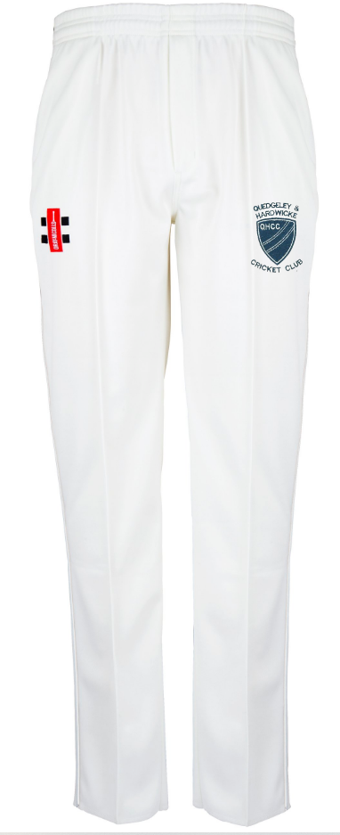 The Gray Nicolls Quedgeley & Hardwicke CC Matrix V2 Cricket Trousers are white, tapered-fit with an elastic waistband, red/black branding on the right thigh, and a blue OXHCC logo on the left. Designed for comfort and moisture control.