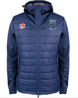 The Gray Nicolls Quedgeley & Hardwicke CC Pro Performance Jacket is navy blue, water repellent, hooded, with a front zipper and two zip pockets. It features the club logo on the left chest and a small red and white emblem on the right.