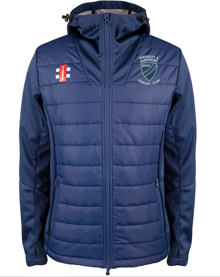The Gray Nicolls Quedgeley & Hardwicke CC Pro Performance Jacket is navy blue, water repellent, hooded, with a front zipper and two zip pockets. It features the club logo on the left chest and a small red and white emblem on the right.