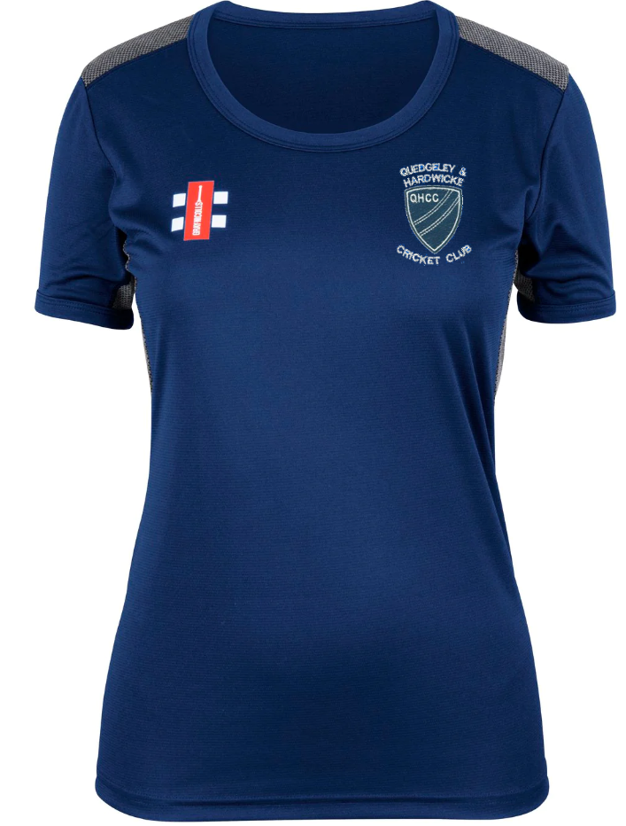 The Gray Nicolls Quedgeley & Hardwicke CC Ladies Pro Performance T-Shirt in navy features moisture-wicking fabric, a club crest on the left chest, and an England flag badge on the right—perfect for active training.