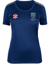 The Gray Nicolls Quedgeley & Hardwicke CC Ladies Pro Performance T-Shirt in navy features moisture-wicking fabric, a club crest on the left chest, and an England flag badge on the right—perfect for active training.