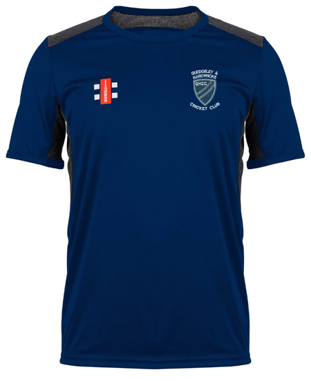 A navy blue Quedgeley & Hardwicke CC Pro Performance T-Shirt by Gray Nicolls, short-sleeved with black side panels, a small white club logo on the left chest, and a red rectangular logo on the right chest.