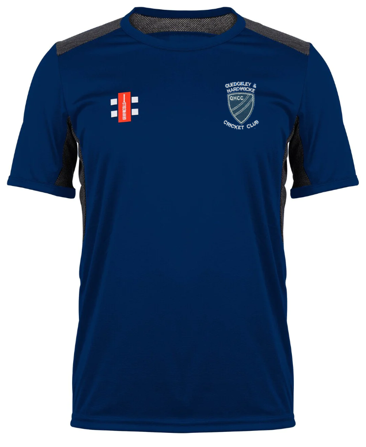 A navy blue Quedgeley & Hardwicke CC Pro Performance T-Shirt by Gray Nicolls, short-sleeved with black side panels, a small white club logo on the left chest, and a red rectangular logo on the right chest.