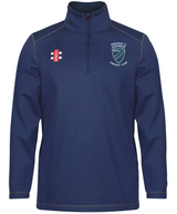 The Gray Nicolls Quedgeley & Hardwicke CC Thermo Fleece is a navy long-sleeve quarter-zip stretch pullover with white stitching, featuring the club shield logo on the left chest and a red and white emblem on the right.