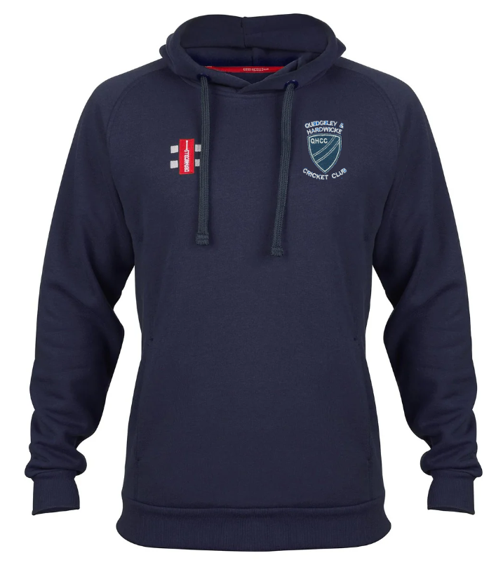 The Gray Nicolls Quedgeley & Hardwicke CC Velocity Hoodie is a navy active fit hoodie with drawstrings, long sleeves, a front pocket, a red and white emblem on the right chest, and the blue and white Cricket Club logo on the left.